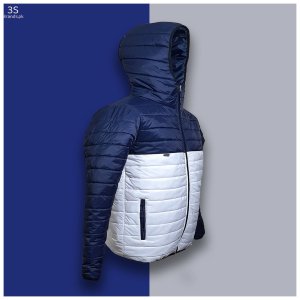 Quilted Puffer Jacket with Hood - Blue/White