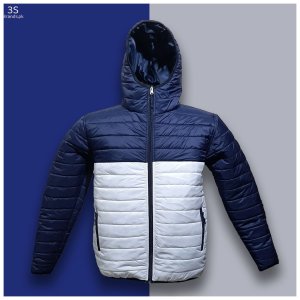 Quilted Puffer Jacket with Hood - Blue/White